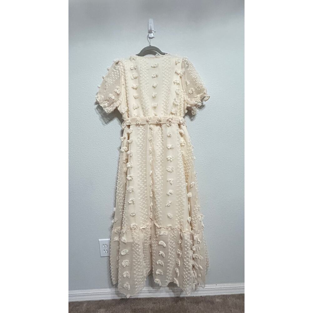 SHEIN Cottagecore Curve V-Neck Jacquard Puff Sleeve Tie Front Cream 3D Dress 1X - Picture 3 of 9